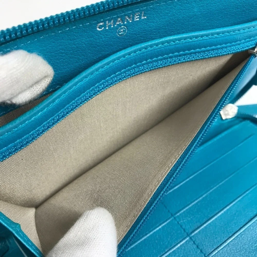 CHANEL Authentic Blue Leather Logo Wallet